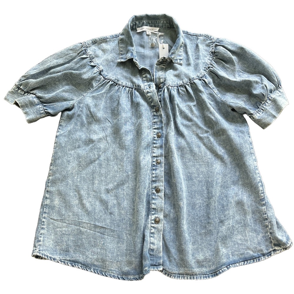 Women's Chambray Blouse XS Short Sleeve Denim Blue Puff Sleeve Bohemian Prairie - Picture 1 of 10